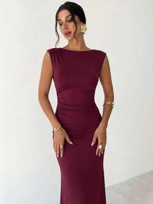 Firerie Women's Elegant Minimalist Office Commute Ruched Long Dress, Suitable For Summer, Office Wear, Beach Vacation - Red Violet - View 7