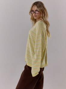 MUSERA 纽扣式超大条纹针织开衫，可爱酷女孩风格，舒适保暖，适合冬季日常穿着，清新休闲，田园风，复古奶油糖色，适合晚宴和派对，优雅百搭。 - 黃色 - 查看 4