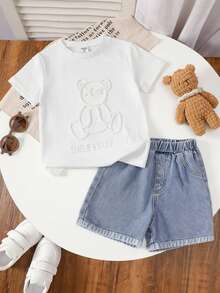 SHEIN Little Byeori 2pcs/Set Kids Boys Casual Versatile Comfortable Round Neck Loose Short Sleeve Knit T-Shirt And   Shorts Set - White - View 5