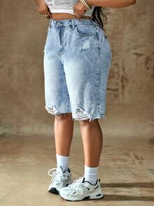 Truni 大码休闲修身蓝色牛仔百慕大短裤，适合夏季海滩度假、日常约会、夜店、派对、聚会、泳池派对、返校季、假日、乡村音乐节、演唱会等场合，适合梨形和三角形身材 - 藍色 - 查看 4