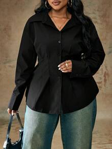 Truni 大码纯色前扣收腰长袖衬衫，秋季休闲风格 - 黑色 - 查看 7