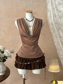 Elamini Sexy Ruched Sleeveless Crop Top For Women - Camel - View 1