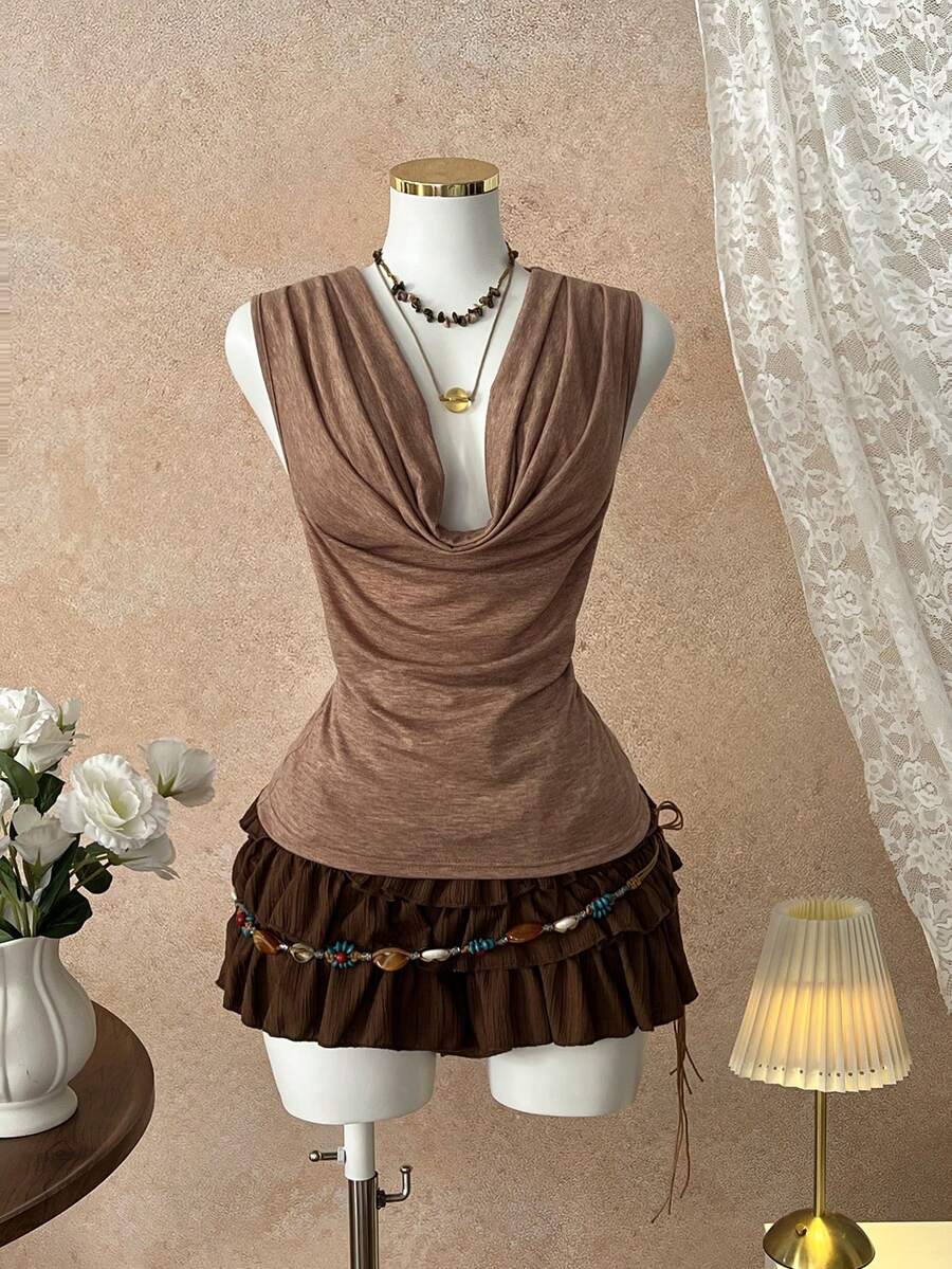 Elamini Sexy Ruched Sleeveless Crop Top For Women - Camel - View 1