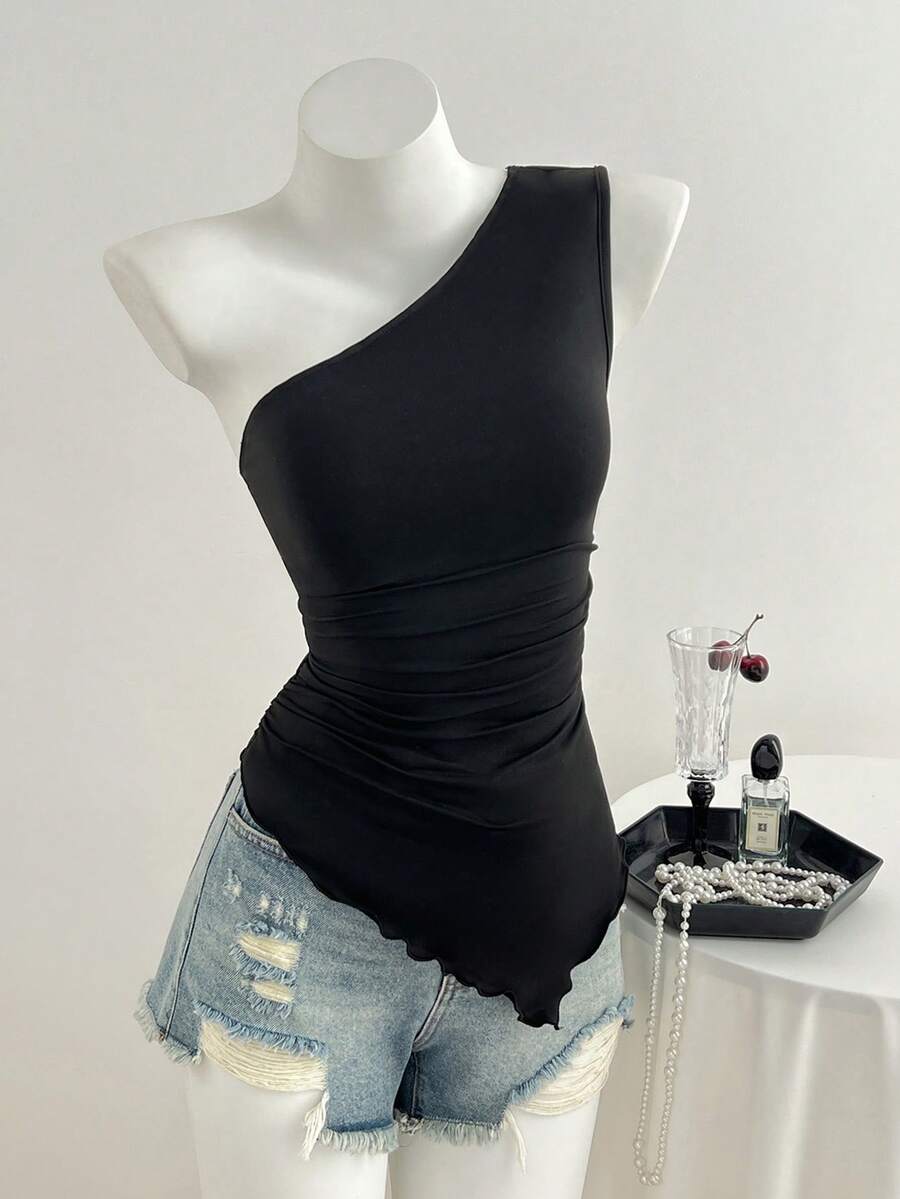 Elamini 女士休闲不对称下摆褶皱修身黑色上衣，春夏款 - 黑色 - 查看 1