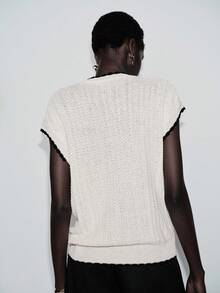 Lumivelle Black Patchwork Crew Neck Loose Casual Knit Pullover Top, Spring/Summer - Apricot - View 2