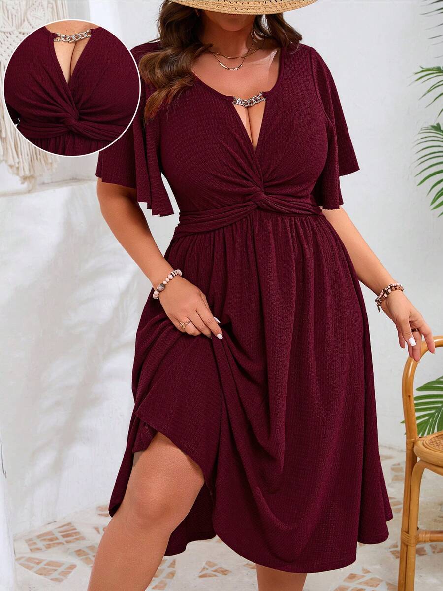 EMERY ROSE Vestido midi elegante de línea A con cuello en V, texturizado, con volantes, parches y cadena para mujer talla grande, para primavera/verano - Burdeos - Ver 1
