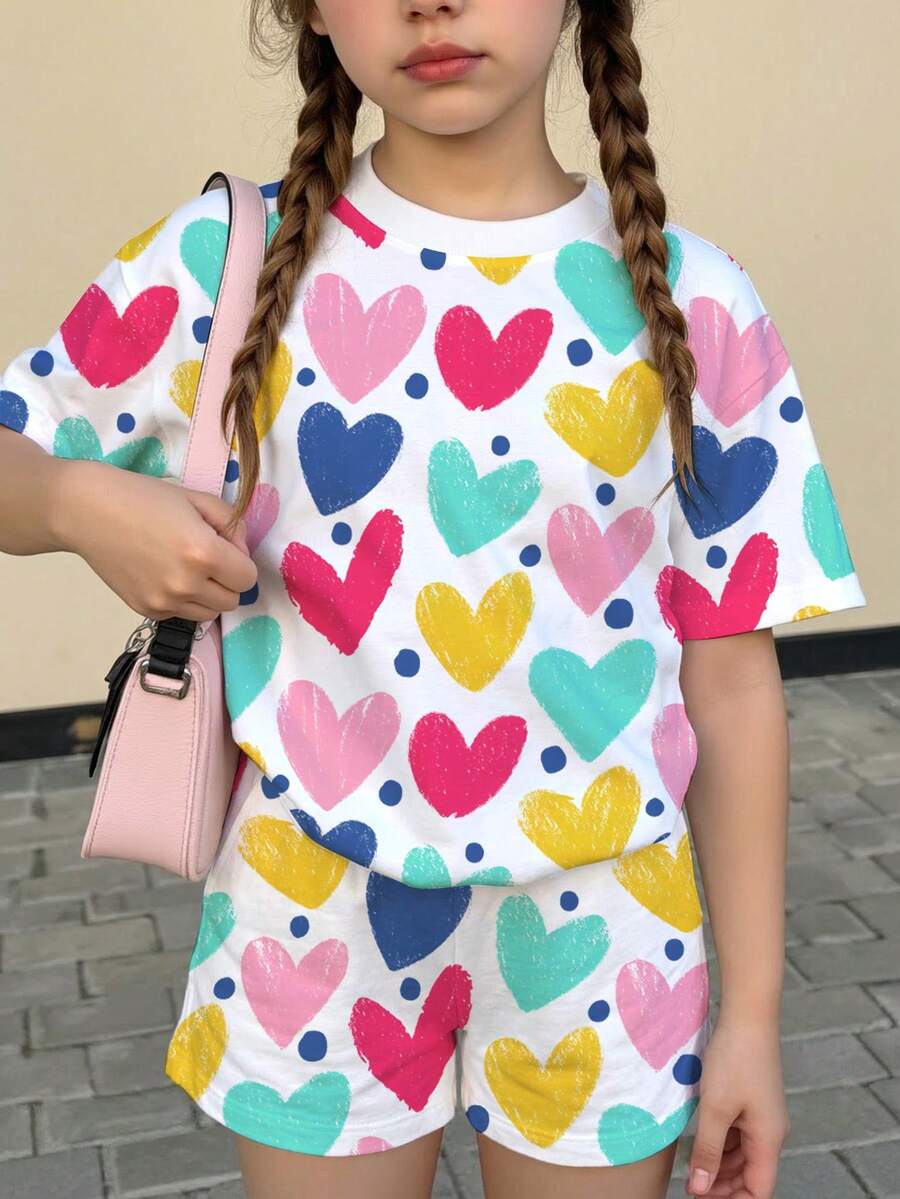 2pcs/Set Tween Girls' Casual Cute Heart Print Short Sleeve T-Shirt And Shorts Set, Suitable For Summer