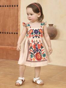 SHEIN Vestido casual con cuello de volantes y estampado floral para niña bebé - Multicolor - Ver 3