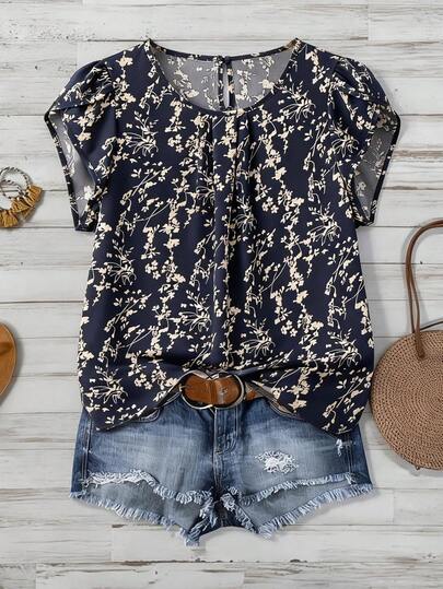 Linhara Plus Size Women's Floral Print Loose Fit Round Neck Cap Sleeve Blouse, Elegant For Vacation And Commute, Spring/Summer