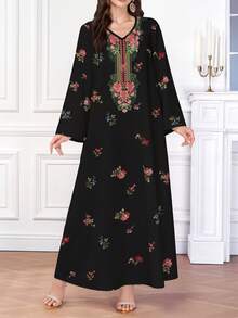 Al Najma 女士优雅印花阿拉伯风格 V 领长袖连衣裙 - 黑色 - 查看 1