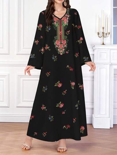 Al Najma 女士优雅印花阿拉伯风格 V 领长袖连衣裙