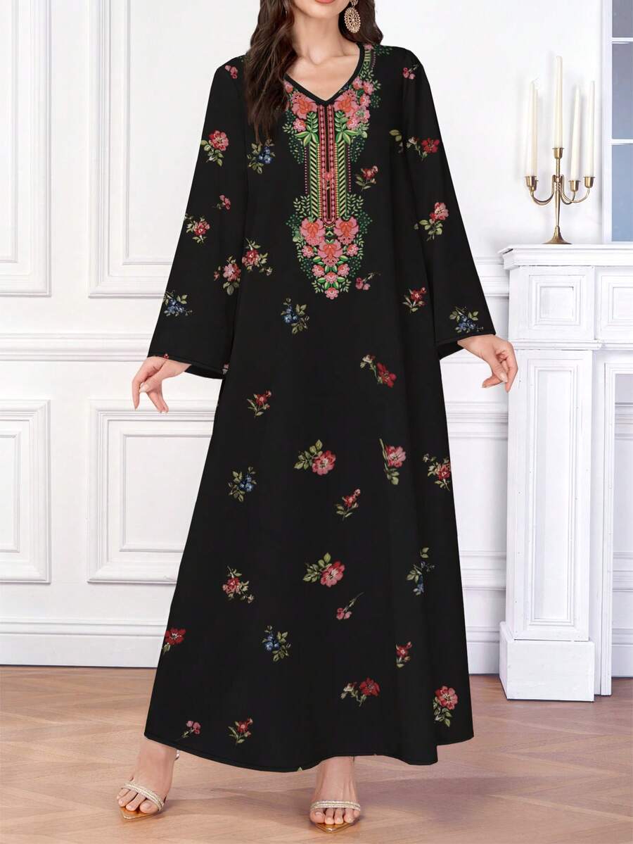 Al Najma 女士优雅印花阿拉伯风格 V 领长袖连衣裙 - 黑色 - 查看 1