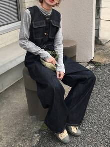 FRIFUL Women's Single-Breasted Cargo Pocket Casual Wide Leg Denim Jumpsuit - Blue - View 7