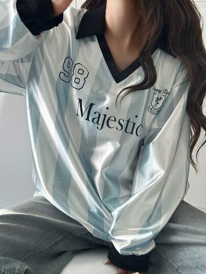 FRIFUL Women's Polo Collar Contrast Color Letter Print Loose Fit Pullover T-Shirt