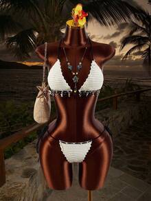 Amplova 两件套女士针织套装，黑白撞色，性感沙滩贝壳装饰，适合海滩度假 - 黑與白 - 查看 2