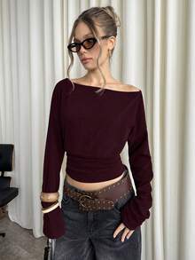 SHEIN BAE Atasan Crop Top Wanita Kasual dengan Hem Asimetris, Warna Polos, Musim Semi/Gugur - Merah tua - View 6