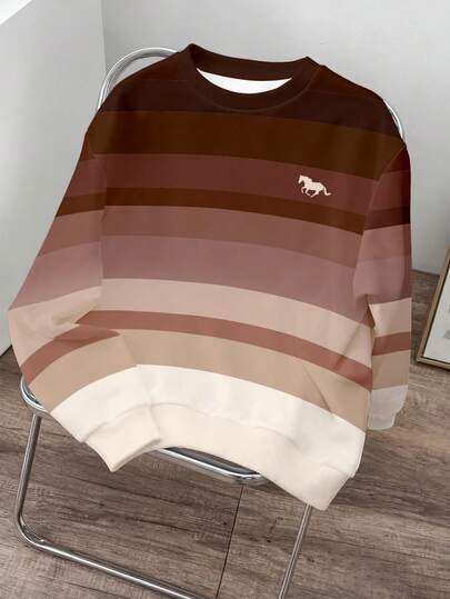 Manfinity Joysei 男士休闲套头卫衣，饰有马匹和渐变条纹印花，适合春秋季日常穿着、通勤和度假。