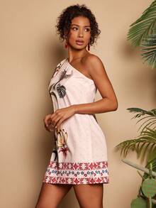 Travachic Women's Tropical Plant Print Fashionable Mini Halter Dress, Suitable For Vacation - Multicolor - View 7