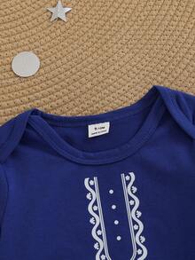 SHEIN Newborn Baby Casual Unisex Funny Pattern Bodysuit - Blue - View 7