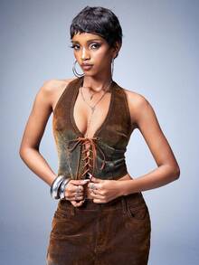 Y2Kool BiGraphic Women's Brown Sexy Cross-Back Tie-Front Washed Denim Adjustable Short Magic Tape Top, Summer Style - Coffee Brown - View 5