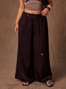 Rustia 大码女式棕色复古浪漫口袋宽松高腰阔腿休闲裤，收腰设计配串珠腰带装饰，常规版型，适合春、夏、秋季穿着。 - 棕色 - 查看 3