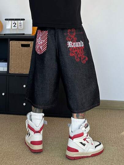 STEELVANCE Pantalones cortos vaqueros anchos y sueltos de unicolor, con diseño de remaches, bordado de líneas, estrellas y viñas, parche de cuadros retro en el bolsillo trasero, moda callejera de verano y versátil