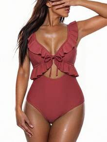 Swim Lushoire 荷葉邊鏤空前繫帶連體泳衣