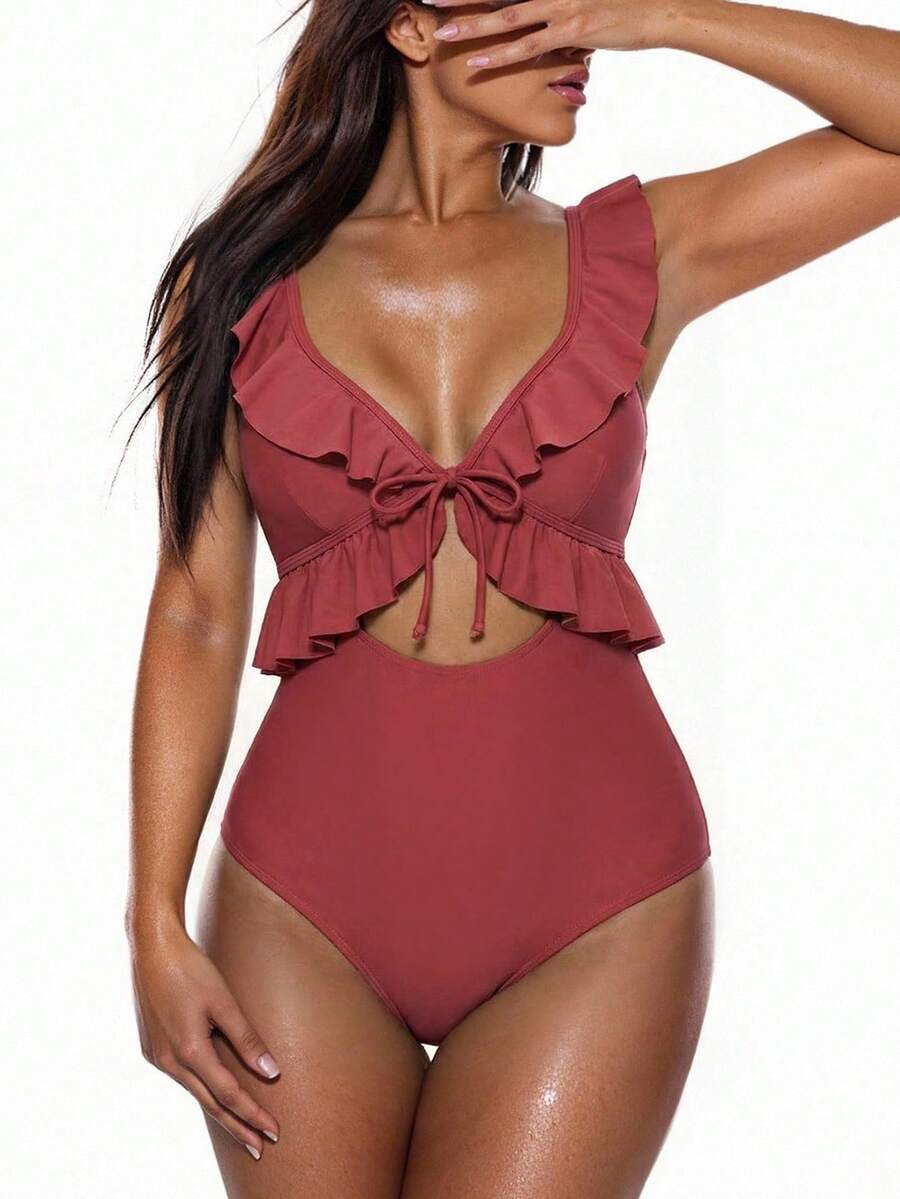 Swim Lushoire 荷葉邊鏤空前繫帶連體泳衣