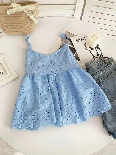 GlowEve Adjustable Spaghetti Strap Hollow Embroidery Ruffle Hem Women Blouse