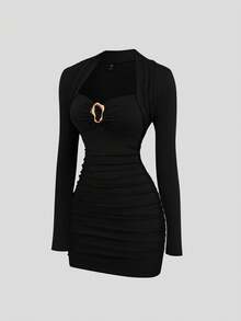 Lyrianda 大码女士优雅派对鸡尾酒礼服，酒红色，金属装饰，修身短款连衣裙 - 黑色 - 查看 1