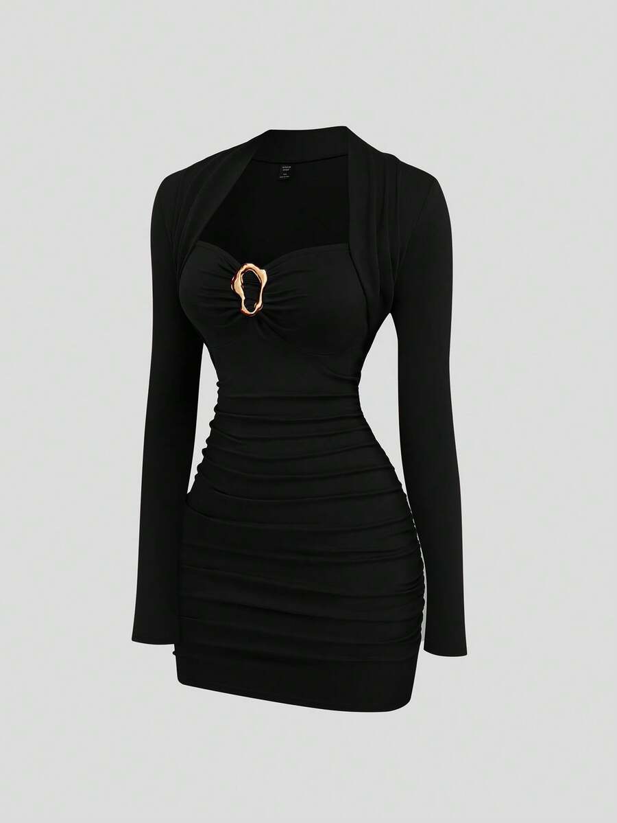 Lyrianda 大码女士优雅派对鸡尾酒礼服，酒红色，金属装饰，修身短款连衣裙 - 黑色 - 查看 1