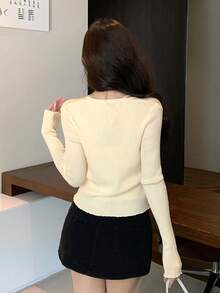 FRIFUL 两件套女士纯色荷叶边休闲舒适罗纹针织毛衣套装 春季 - 米色 - 查看 5