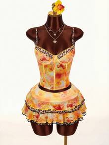 Amplova 2026 Early Spring Floral & Leopard Print Low-Cut Blouse, Low-Waist A-Line Skirt, Women's 2-Piece Set - Multicolor - View 3