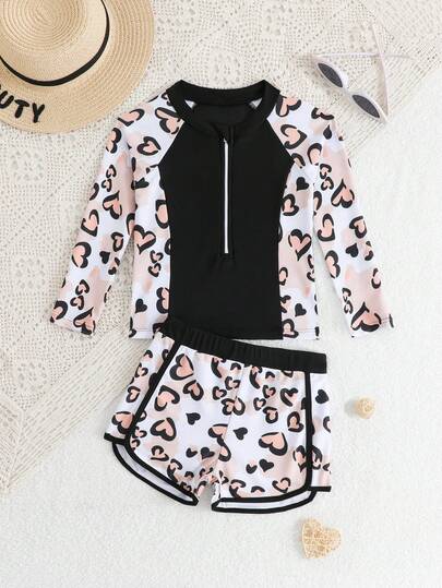 SHEIN Set de 2 piezas Traje de baño tipo tankini de manga larga con estampado de leopardo y corazones para niña