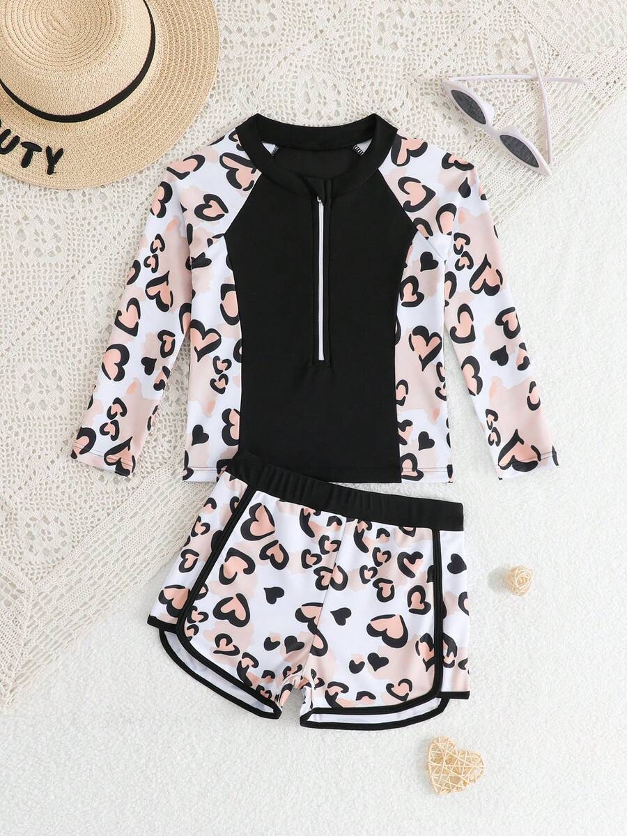 SHEIN 2件套 女童可爱豹纹爱心图案长袖连体泳衣 儿童防晒衣 2件套 女童长袖泳衣 儿童长袖泳装 女童泳衣 长袖防晒衣 两件套 儿童泳衣 泳装套装 3件套 女童长袖泳衣 长袖和短裤拉链套装 女童长袖泳衣套装 儿童防晒衣 2件套 女童黑色豹纹泳衣套装 泳衣长袖和短裤拉链套装 青少年儿童两件套 女童猎豹套装 女童豹纹套装 - 藍色 - 查看 1