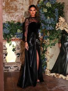 Glamrae 优雅奢华的天鹅绒与仿皮拼接透视领口长袖心形胸罩带钢圈腰部褶皱设计开衩下摆修身长裙，适合节日、婚礼、晚宴、音乐会、商务活动等正式场合。 - 黑色 - 查看 6