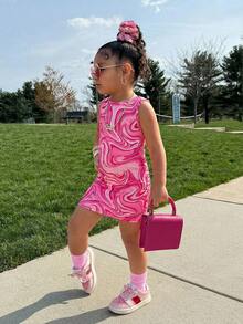 少女休闲运动风针织圆领爱心印花无袖连衣裙，春夏款