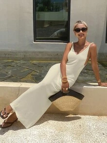 Livesso Women's Summer V-Neck Sleeveless Waist Cinched Knit Dress Spring - White - View 5