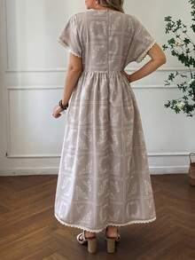 Livesso 女士圆领蕾丝拼接腰部印花中长连衣裙 - 杏色 - 查看 3