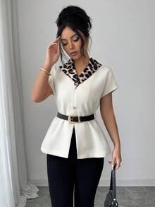 Elenzga Women's Elegant French Chic Leopard Print Scarf, Waist Belt Decor, Casual Commute Vacation Afternoon Tea Beach Romantic Overcoat, Spring/Summer - Apricot - View 4