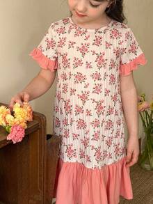 LMoss Kids 女童圆领短袖休闲可爱睡裙，撞色荷叶边袖口 - 彩色 - 查看 6