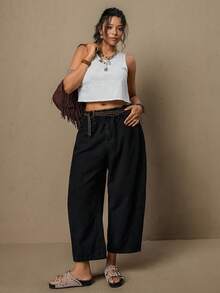 Freevana Quần jeans ống rộng, màu trơn, cạp chun kiểu túi giấy, cỡ lớn, có túi. - màu đen - Xem 5