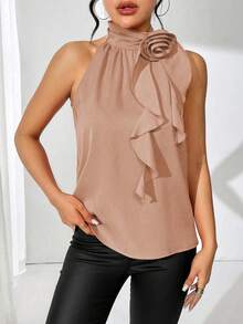 Rafferiza Women's Halter Neck Shirt With 3d Flower Decoration For New Year Clothes - Khaki - View 3
