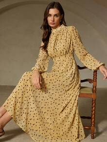 Revavyn Đầm midi dài eo thắt kiểu dáng châu Âu, họa tiết chấm bi màu nước thời trang, thích hợp cho mùa thu/đông. - Nhiều màu - Xem 2