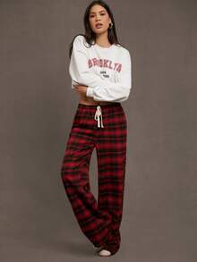 SHEIN PETITE CURVE بنطلون نسائي بخصر مربوط بسحاب، طباعة مربعات، قطعة ملائمة للارتداء اليومي والذهاب إلى المدرسة والخروج، بقصة فضفاضة وساق واسعة، مناسب للربيع والأنشطة اليومية - عنابي اللون - مشاهدة 7