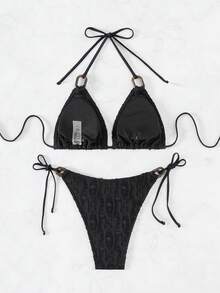 SHEIN Swim 女款紋理打結側面比基尼套裝，細帶沙灘泳裝夏季 - 黑色 - 查看 2