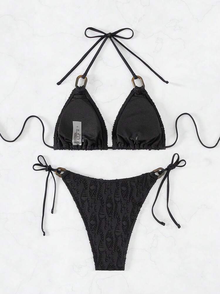 Women's Textured Knotted Side Bikini Set, String Beach Outfit Bathing Suit Summer