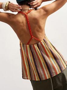 Bohemela Boho Summer Vacation  Valentine's Day    Carnival    Casual Knit Striped Camisole For Women - Orange - View 3