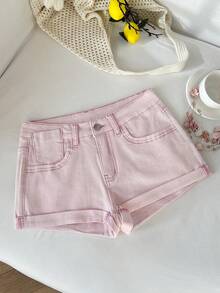 Elamini Y2K 女士低腰弹力束口水洗牛仔短裤 - 淺粉色 - 查看 1