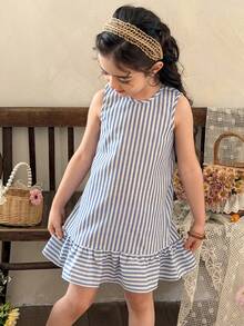 LMoss Kids 年轻女孩度假休闲时尚条纹无袖连衣裙 - 藍色 - 查看 3